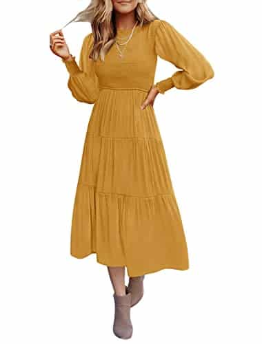 ZESICA Women's Casual Long Sleeve Crew Neck High Waist Smocked Flowy Tiered Midi Dress,Ginger,Small