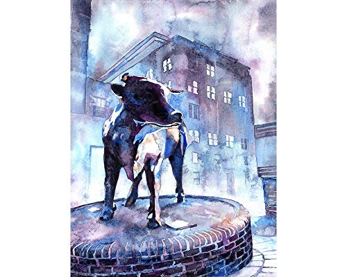 Durham Bull bronze statue in downtown Durham, NC at dusk. Fine art print
