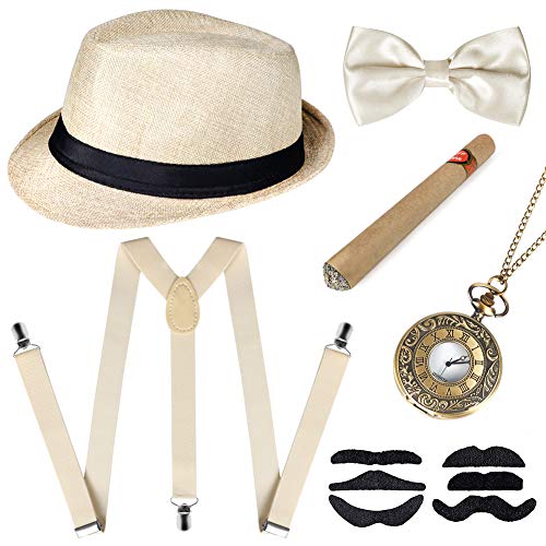sinoeem s Mens Gatsby Gangster Costume pcs Accessories Set for Man (Beige)