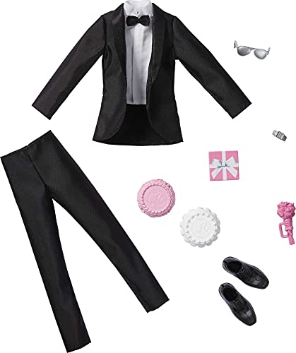 Barbie Fashion Pack Bridal Outfit for Ken Doll with Tuxedo, Shoes, Watch, Gift, Wedding Cake with Tray & Bouquet, for Kids to Years Old , Black