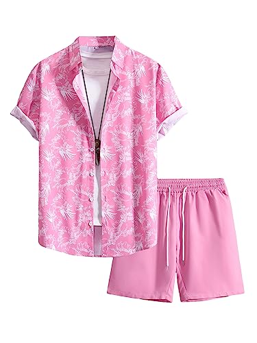 COZYEASE Men's Hawaiian Shirt and Short Piece Outfits Sets Casual Button Down Short Sleeve Beach Floral Shirt with Shorts Pink Print M
