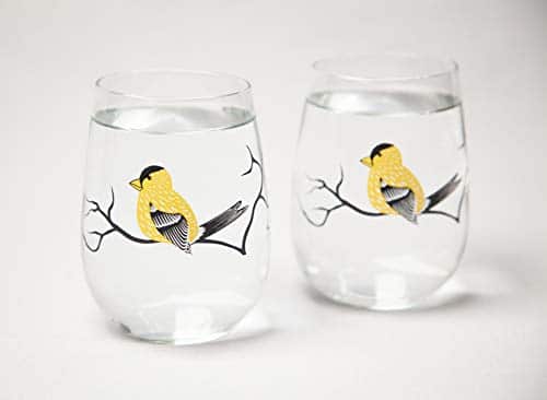 Golden Finch Stemless Wine Glasses Set of Yellow Bird Stemless Glasses, Yellow Finch Glassware