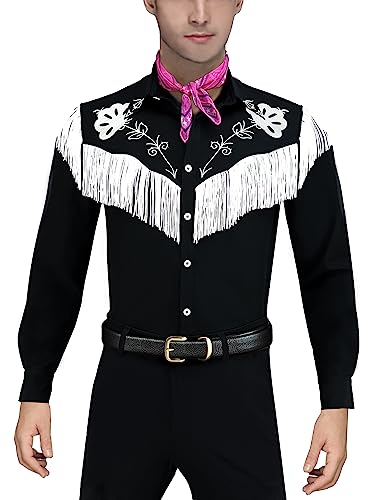 Naywig Cowboy Costume With Scarf Western Long Sleeve Fringe Shirt Halloween Cosplay For Mens Boys