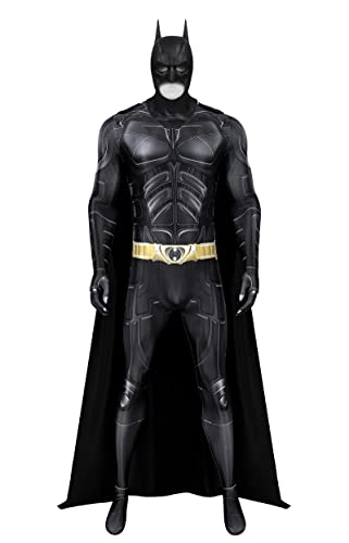 Adult Bat Super Hero Costume Men Dark Jumpsuit Knight Cosplay Cape Outfit with Mask for Halloween Party