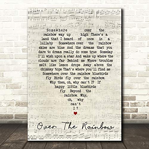 Somewhere Over The Rainbow Script Heart Song Lyric Quote Wall Art Gift Print